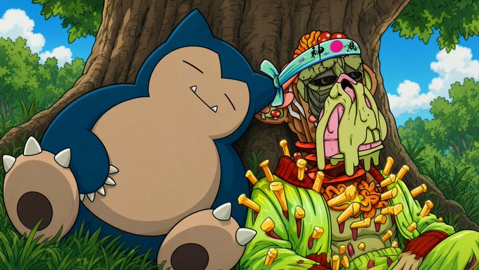 A cartoon illustration of a Snorlax-like creature napping against a tree next to a melting zombie figure wearing a decorative headband and covered in spikes.