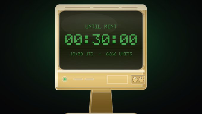 A retro-style computer monitor displays a countdown timer reading "UNTIL MINT 00:30:00" along with "18:00 UTC - 6666 UNITS," signaling 30 minutes remaining until the NFT mint on OpenSea with 6,666 units available for whitelisted wallets.