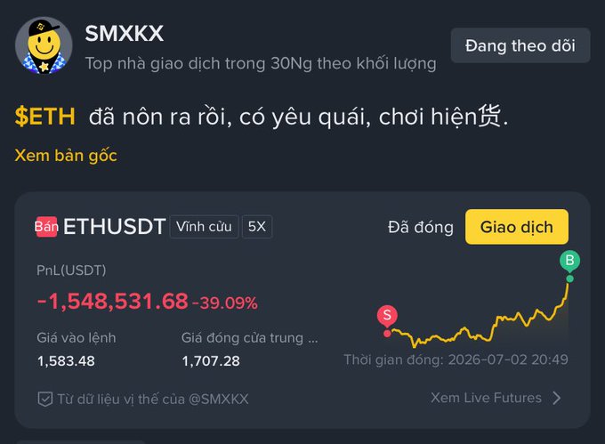 Trading interface showing a closed short position on ETHUSDT perpetual futures by user SMXKX, with a PnL of -1,548,531.68 USDT (-39.09%), entry at 1,583.48 and close at 1,707.28, captioned in Vietnamese: '$ETH đã nôn ra rồi, có yêu quái, chơi hiện đại.'