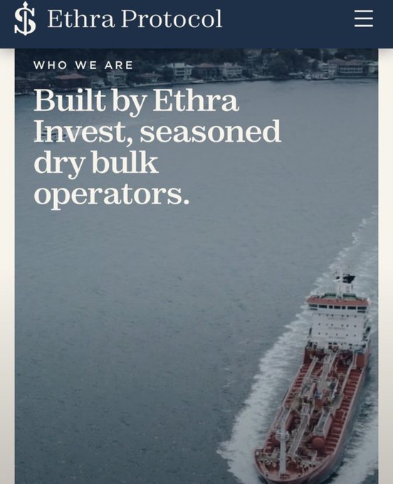 A mobile website screenshot for 'Ethra Protocol' with the tagline 'WHO WE ARE - Built by Ethra Invest, seasoned dry bulk operators,' featuring an aerial view of a cargo ship on water.