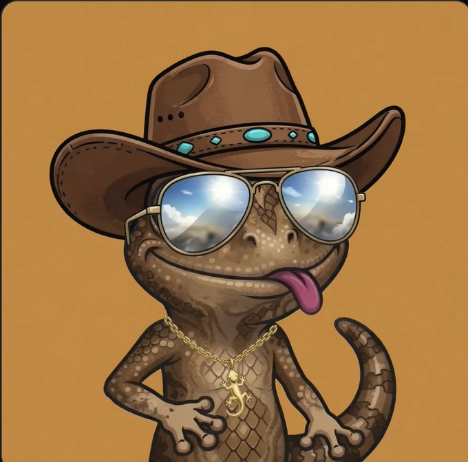 A cartoon illustration of a smiling lizard wearing a brown cowboy hat with turquoise accents, reflective aviator sunglasses, and a gold chain necklace against an orange background.