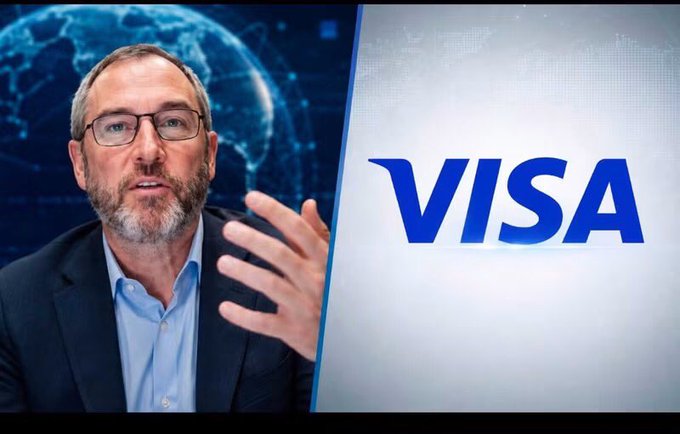 A man in glasses gestures while speaking next to the blue 'VISA' logo against a digital globe background.