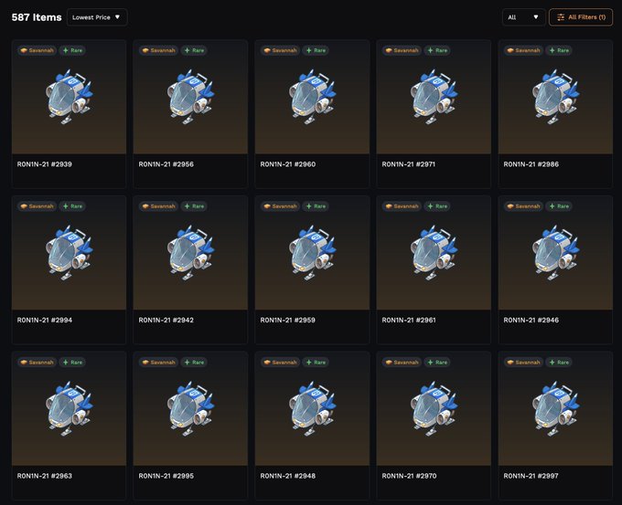 A digital marketplace listing shows 587 items of 'Rare' 'Savannah' cards (RONIN-21) from a collection, all featuring the same blue turtle-like creature.