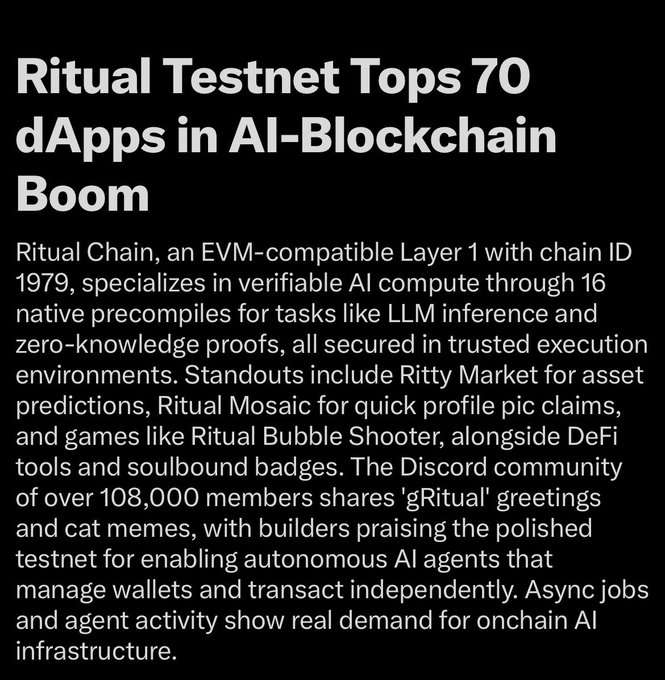 The image shows a black background with white text that reads "Ritual Testnet Top 70 dApps in Al-Blockchain Boom". The text also mentions that there are already over 100,000 members sharing their experiences of using these dApps on the blockchain ecosystem and how they can contribute to its growth.