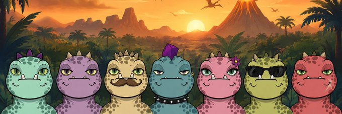 A lineup of seven colorful cartoon dinosaur/creature characters with horns in various colors (teal, purple, tan, blue with mohawk, pink, green, red) against a prehistoric sunset landscape.