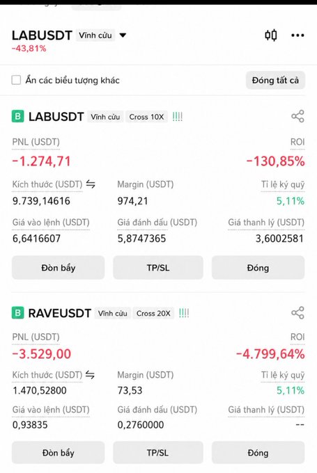 Binance futures perpetual positions showing major losses: LABUSDT with PNL of -1,274.71 USDT (-130.85% ROI) and RAVEUSDT with PNL of -3,529.00 USDT (-4,799.64% ROI), both using Cross margin.
