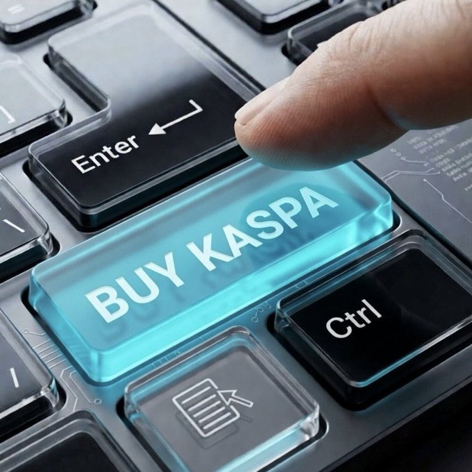 A finger pressing a glowing blue 'BUY KASPA' button on a computer keyboard.