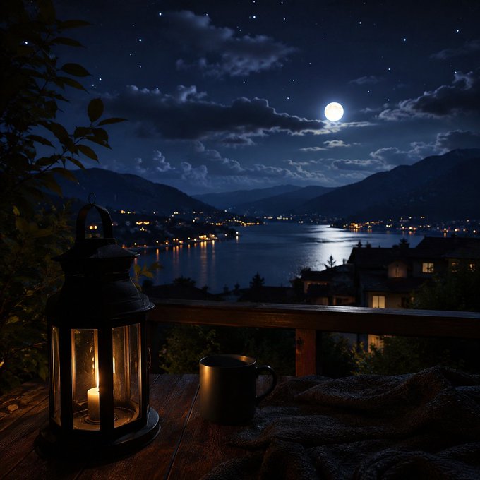 A serene nighttime scene featuring a full moon over a lake and mountain village, with a lit candle lantern and steaming mug on a wooden balcony.