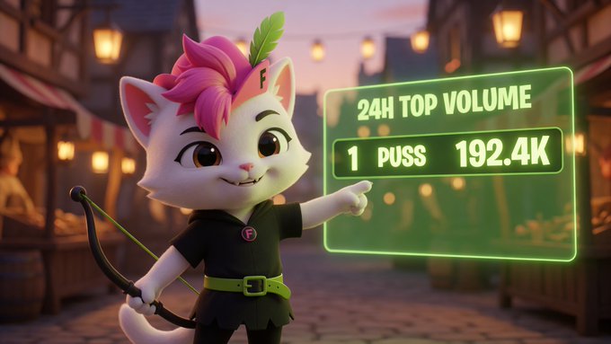 A cartoon cat character with pink hair and a feather points to a glowing green stat board reading "24H TOP VOLUME — 1 PUSS 192.4K," celebrating the meme token $PUSS topping launchpad flaunch's 24-hour volume rankings in a playful, medieval marketplace setting that ties into the post's joke about being "329 years early."