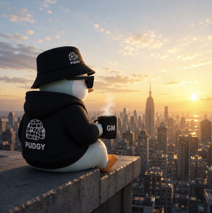 A penguin mascot wearing sunglasses and a black hoodie and bucket hat both branded "PUDGY" sits on a rooftop ledge at sunrise, holding a steaming mug labeled "GM" while overlooking a city skyline (resembling New York), perfectly capturing the "just GM" spirit with a calm, hopeful morning vibe.