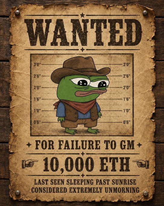 A 'WANTED' poster parody featuring cartoon Pepe the Frog dressed as a cowboy, offering a '10,000 ETH' bounty 'FOR FAILURE TO GM' and 'LAST SEEN SLEEPING PAST SUNRISE, CONSIDERED EXTREMELY UNMORNING.'