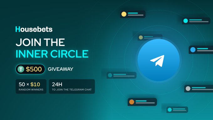 A promotional graphic for Housebets announcing a "$500 GIVEAWAY" to join the "INNER CIRCLE," highlighting 50 random winners of $10 each, with a 24-hour window to join the Telegram chat. The design features a dark teal background with a central Telegram icon surrounded by floating chat bubbles, visually reinforcing the giveaway's call to action mentioned in the post.
