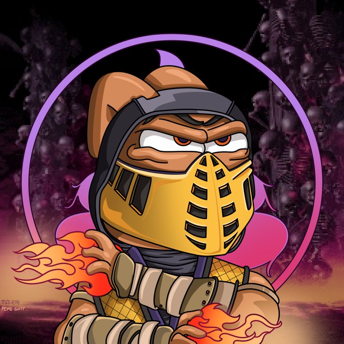 A cartoon Pepe character dressed in a fiery ninja warrior outfit with a golden helmet and flaming fists appears against a purple circular backdrop with a pixelated cityscape, illustrating the "ARCADEPEPES" art and community hype referenced in the post. The image includes the small text "TOKETH PEPE SHIT" in the lower-left corner.