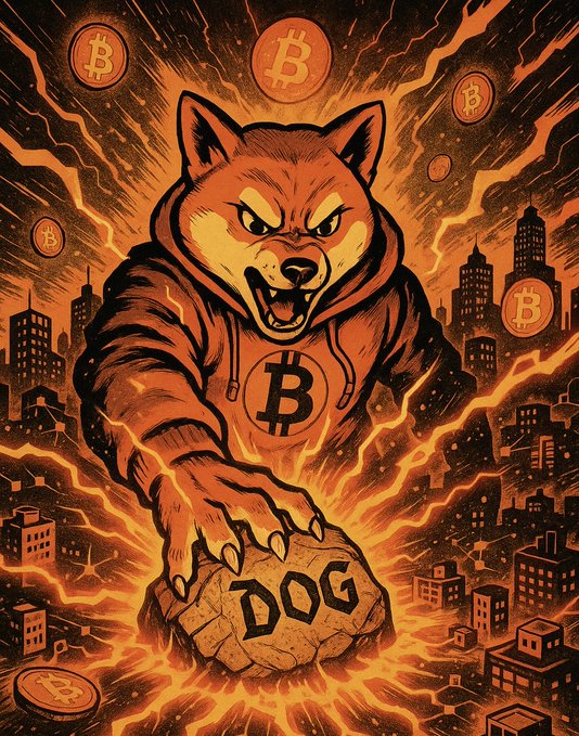 A fierce, hooded Shiba Inu with a Bitcoin "₿" emblem on its chest grabs a cracked rock labeled "DOG" amid a fiery cityscape and floating Bitcoin coins, visually reinforcing the post's message that $DOG is a raw, community-driven trade stripped of insider mechanics—relying only on price, time, and belief.