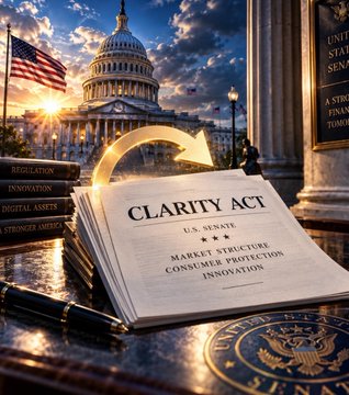 A book labeled "CLARITY ACT" titled "U.S. Senate Market Structure Consumer Protection Innovation" sits in front of the U.S. Capitol building, symbolizing Senator Thom Tillis's renewed push to reconsider the previously failed CLARITY Act vote and revive efforts to establish clearer digital asset market structure regulations.