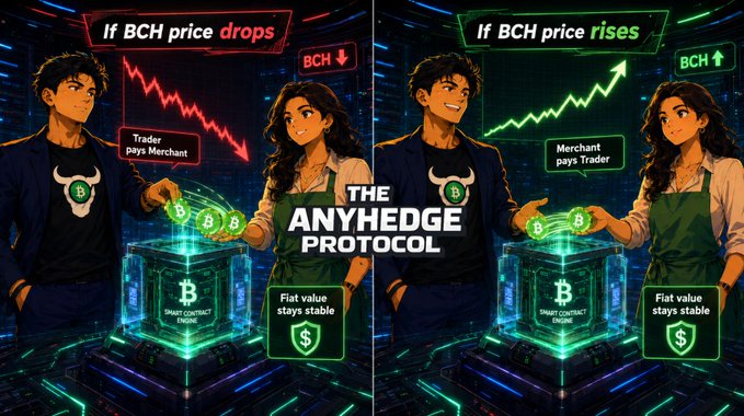 A digital illustration explaining 'THE ANYHEDGE PROTOCOL', showing two scenarios with a trader and merchant: 'If BCH price drops' (Trader pays Merchant) and 'If BCH price rises' (Merchant pays Trader), emphasizing that Fiat value stays stable.
