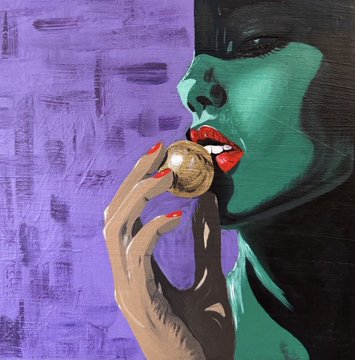 A stylized painting of a green-skinned woman with red lips holding a gold pearl against a purple textured background.