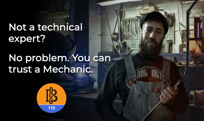 An advertisement reading 'Not a technical expert? No problem. You can trust a Mechanic.' featuring a bearded mechanic in overalls holding a wrench, with a logo marked '110'.