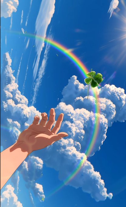 A digital illustration shows a hand reaching up toward a bright blue sky with fluffy clouds, a rainbow, and a four-leaf clover floating among the clouds.