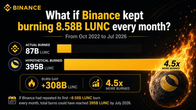 A Binance infographic asking 'What if Binance kept burning 8.58B LUNC every month?' comparing actual burned (87B LUNC) vs hypothetical burned (395B LUNC) from Oct 2022 to Jul 2026, showing a 4.5x burn gap of 308B LUNC.