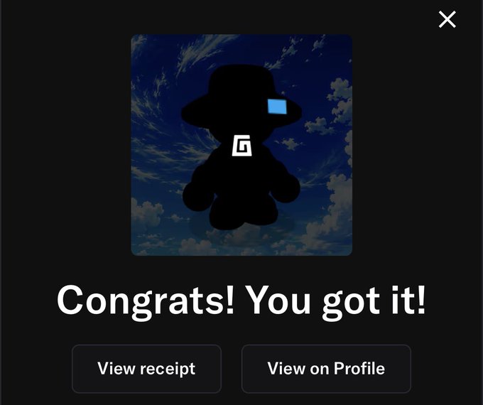 A digital notification screen reading 'Congrats! You got it!' above 'View receipt' and 'View on Profile' buttons, featuring a silhouette of a character wearing a hat against a sky background.