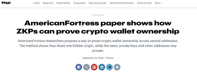 A webpage screenshot from TNW with the headline 'AmericanFortress paper shows how ZKPs can prove crypto wallet ownership' dated September 24, 2026.
