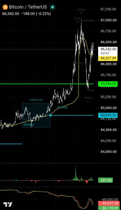A Bitcoin/TetherUS trading chart on TradingView shows a price of 86,342.00 with technical analysis annotations including 'Sweep', 'Swing H', and 'Iceberg Trade'.