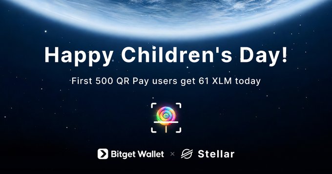 The image features a poster for a children's day event, with a planet and stars as its background. The text on the poster reads "Happy Children's Day! First 500 QR Pay users get 61 XLM today". This message encourages people to use QR Pay for their purchases during this special occasion.