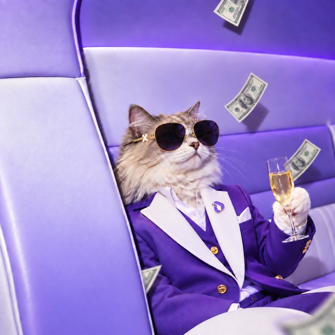 A whimsical image of a long-haired feline dressed in a purple tuxedo and sunglasses, holding a glass of champagne while dollar bills float around it, seated in purple leather seats.