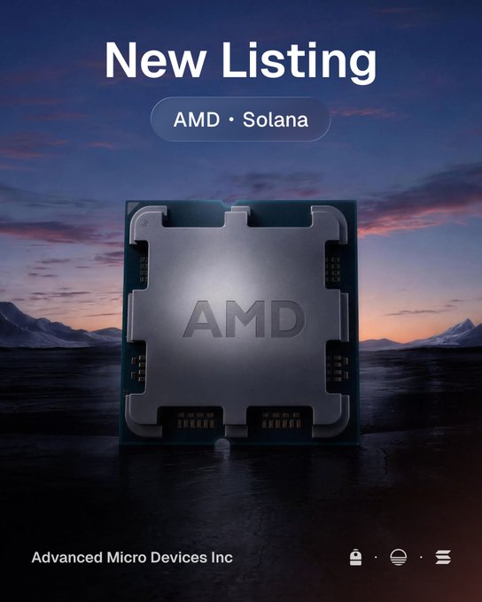 A promotional graphic announcing a new listing, displaying an AMD processor chip with the headline "New Listing" and tags "AMD • Solana" against a twilight landscape, noting that AMD stock (Advanced Micro Devices Inc) is now live on Solana via Sunrise, issued by Backpack Securities.