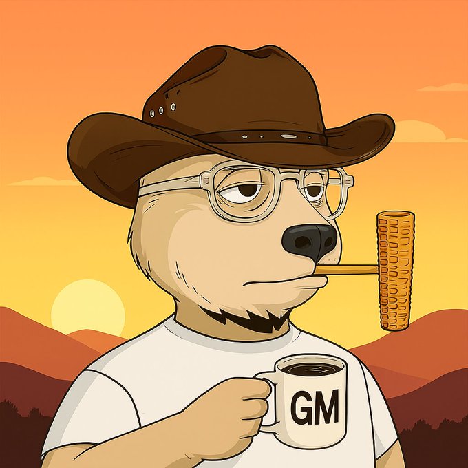 A cartoon illustration of a bear-like character wearing a cowboy hat and glasses, smoking a corn cob pipe, and holding a coffee mug labeled 'GM' against a sunset mountain backdrop.