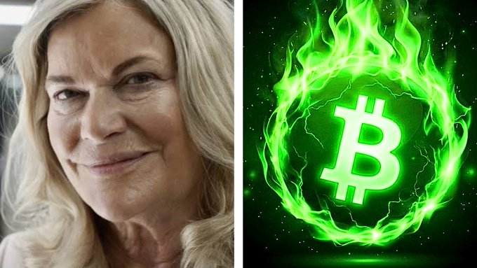 A split image showing an older woman with blonde hair on the left and a glowing green Bitcoin symbol surrounded by green flames on the right.