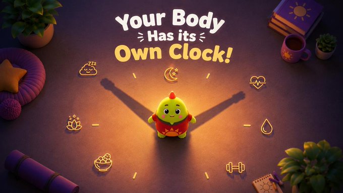 A 3D illustration features a small green creature casting a long shadow like a sundial, surrounded by wellness icons and the text 'Your Body Has its Own Clock!'.