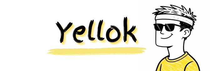 A logo design featuring the handwritten word 'Yellok' in black with yellow highlight, accompanied by a cartoon illustration of a smiling character wearing sunglasses and a yellow shirt.