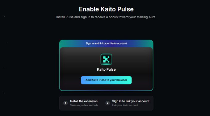 The image shows a webpage titled "Enable Kaito Pulse," prompting users to install Pulse and sign in to receive a bonus toward their starting Aura, with an option to "Add Kaito Pulse to your browser" and a two-step process for installing the extension and linking an account. It illustrates the post's criticism of Kaito Pulse as a replacement for the banned InfoFi feature, highlighting skepticism about its long-term usefulness after Kaito's 70%+ decline.