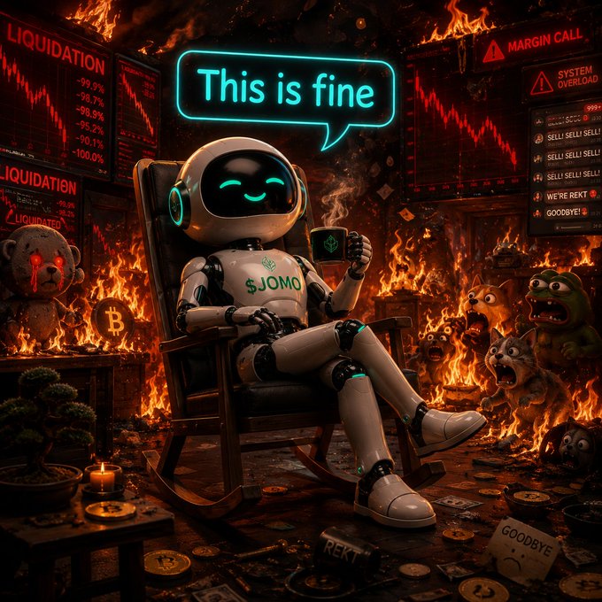 A meme-style digital image of a white robot character named '$JOMO' sitting calmly in a rocking chair holding an Ethereum mug, with a speech bubble saying 'This is fine', surrounded by flames, 'LIQUIDATION' and 'MARGIN CALL' screens, and distressed meme characters.