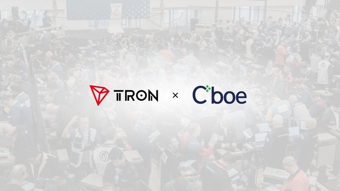 A faded image of a busy trading floor overlaid with logos announcing a collaboration between 'TRON' and 'Cboe'.
