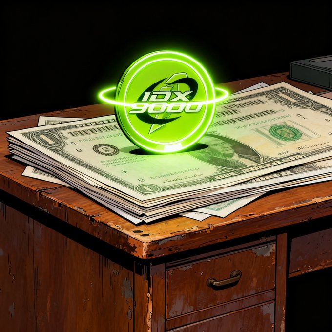A digital illustration shows a glowing green '10X 5000' token hovering above a stack of hundred-dollar bills on a wooden desk.