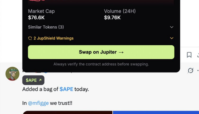 The image shows a post from someone who seems to be discussing cryptocurrency trading, specifically focusing on the Jupyter extension that can be used for trading with a jup token. The post talks about the importance of verifying the contract address before swapping using the Jupiters extension. A person is adding a message in another chat thread to show support for their trading strategy and express gratitude to those who have made a bag of SAGE tokens today on mfiggge we trust!. They are using a green button with the text "swap on Jupiter". The image also contains some other text that seems unrelated, but it adds context about the post.