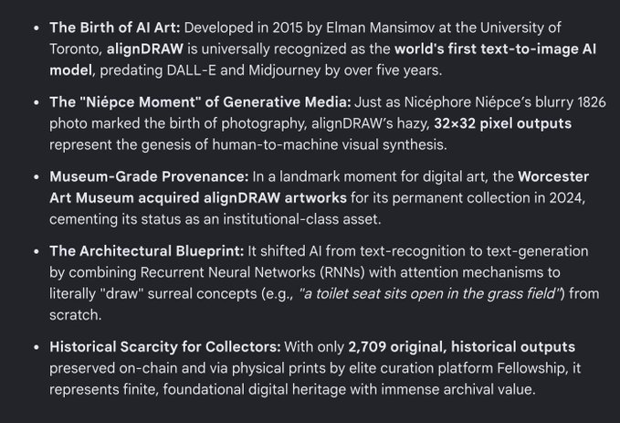 A black slide with white text presenting bullet points about 'alignDRAW' as the world's first text-to-image AI model developed in 2015 by Elman Mansimov at the University of Toronto, including its acquisition by the Worcester Art Museum.
