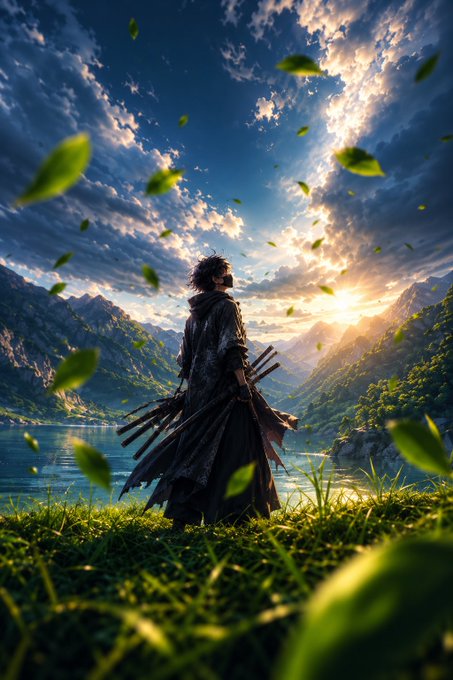 A cinematic fantasy scene showing a lone warrior with swords on his back standing by a lake at sunset, surrounded by floating green leaves.