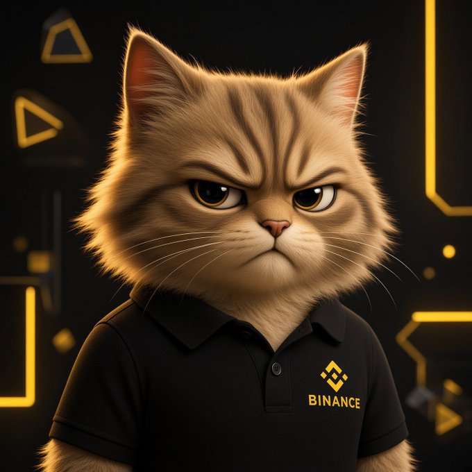 A digital illustration of a grumpy-looking orange tabby cat wearing a black polo shirt with the 'BINANCE' logo on it.