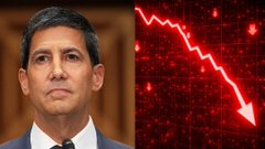 A split image showing Federal Reserve chair candidate Kevin Warsh on the left and a red stock chart with a sharply declining arrow on the right, illustrating a hypothetical crypto market crash if Warsh were to raise interest rates aggressively.