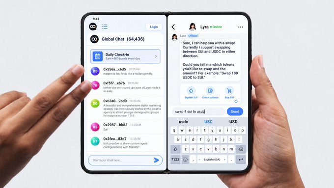 Hands hold a foldable smartphone displaying a 'Global Chat (64,436)' messaging app on one screen and a conversation with 'Lyra' offering to swap 100 USDC for SUI tokens on the other.