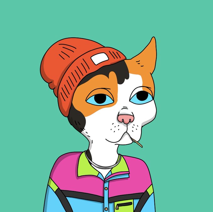 A digital illustration of a cat-like character wearing an orange beanie and a colorful pink, green, and blue jacket, smoking a cigarette.