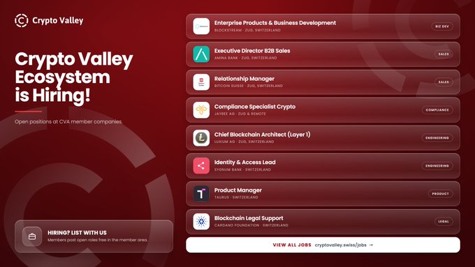 A webpage for 'Crypto Valley Ecosystem is Hiring!' listing open positions including Enterprise Products & Business Development at Blockstream, Executive Director B2B Sales at Aura Bank, and Compliance Specialist Crypto at Juristech, with a link to cryptovalley.swiss/jobs.