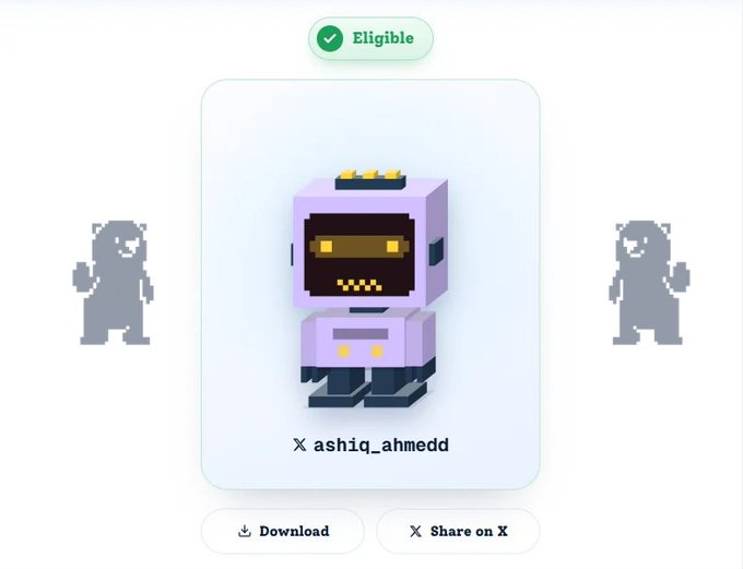 A pixel-art purple robot character labeled with the username "ashiq_ahmedd" is displayed as "Eligible" for download, with options to download or share on X, reflecting the user's recent collaboration with @conso_xyz to secure WL spots through their bots initiative.
