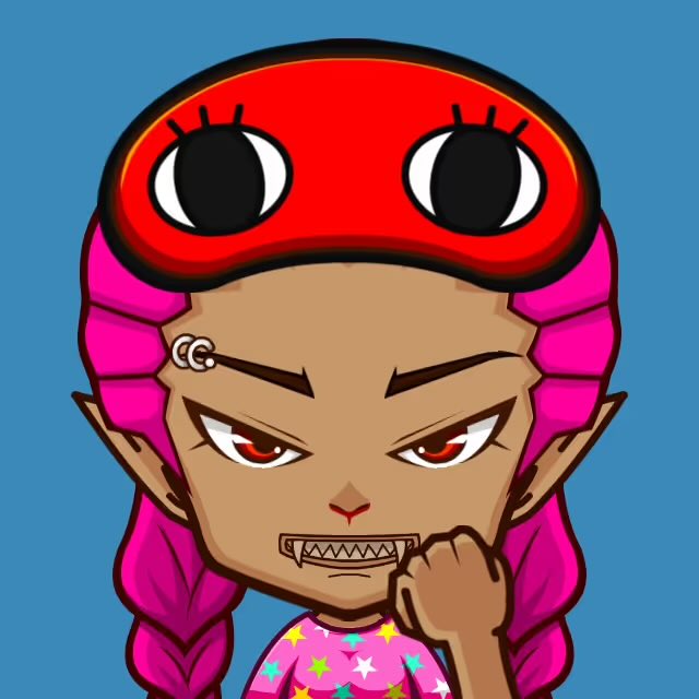 A cartoon illustration of a fierce female character with pink braided hair, red eyes, a red headpiece with large eyes, and a pink star-patterned top against a blue background.