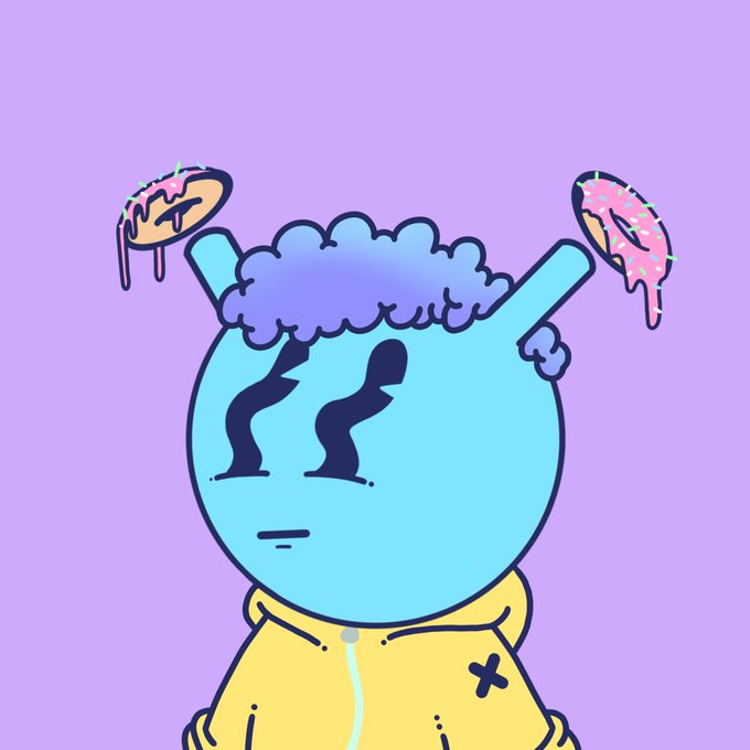 A cartoon illustration features a blue-skinned character with purple hair wearing a yellow hoodie, with two pink frosted donuts floating on either side of their head against a purple background.