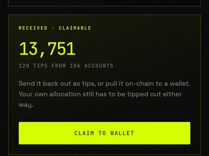 A digital interface displays a "CLAIM TO WALLET" screen showing 13,751 claimable tokens received as 120 tips from 106 accounts, with instructions to redistribute or withdraw them. This represents the earnings dashboard from tipmotion, illustrating how the platform pays users for engagement—in this case, from interacting with the $MOTION airdrop promotion where participants were rewarded for replying.